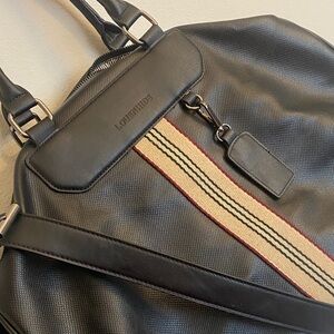 Louenhide Black and Cream Men's Vegan Leather Weekender Travel Bag w/Dual Straps